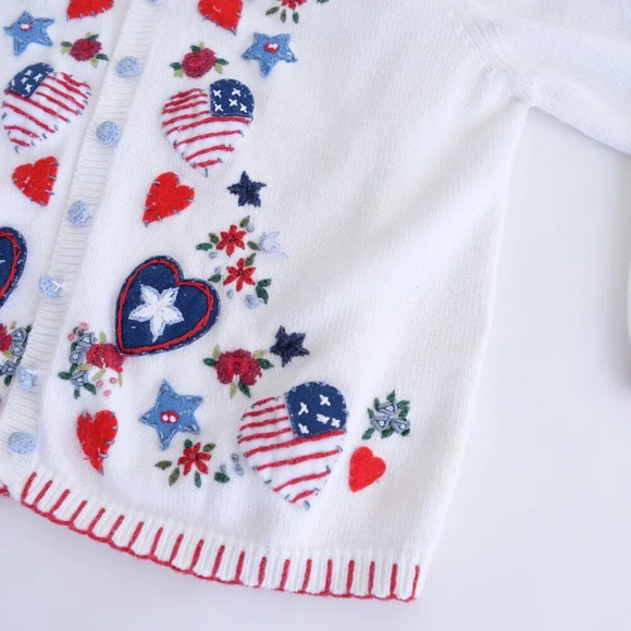 Vintage Heirloom White Embroidered Patriotic Floral and Hearts USA Cardigan XL - Picture 6 of 13